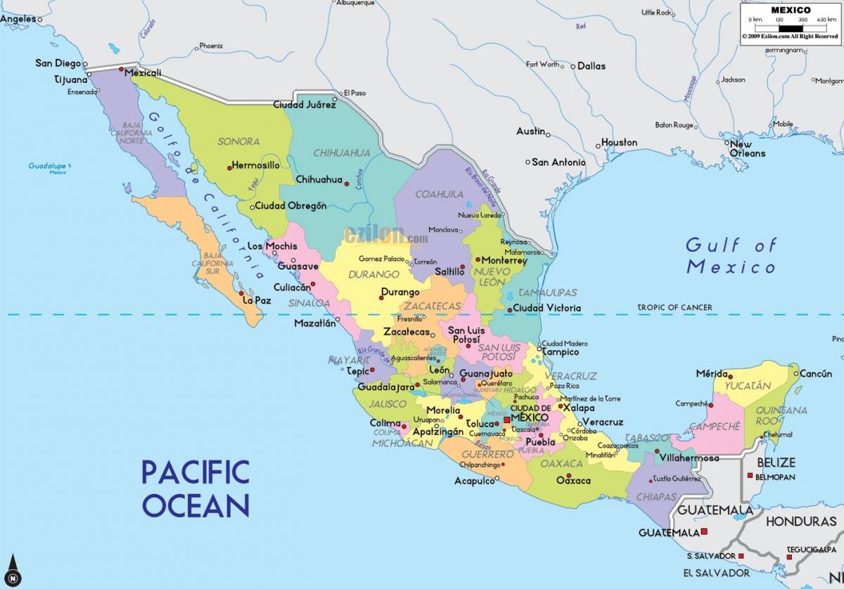 peta Mexico dengan bandar-bandar dan negeri