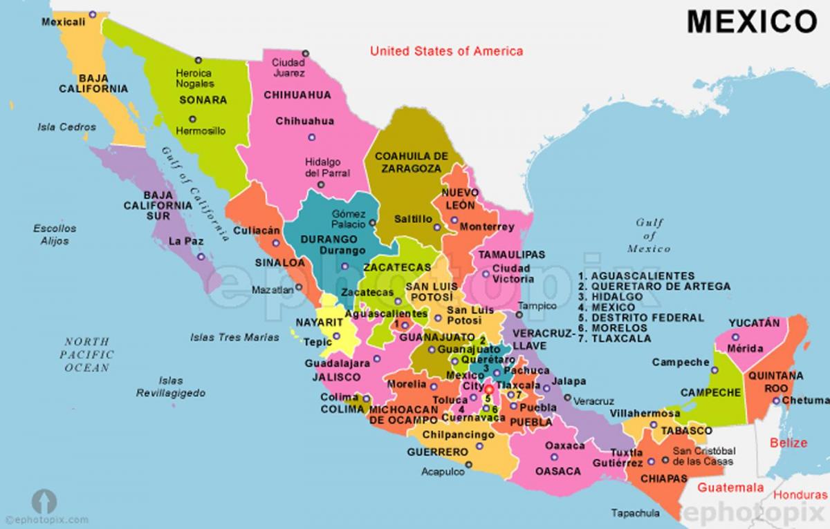 Mexico peta dengan negeri dan ibu